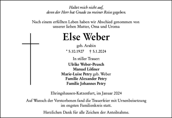 Traueranzeige von Else Weber von Dill Block