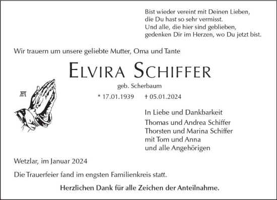 Traueranzeige von Elvira Schiffer von Wetzlarer Neue Zeitung