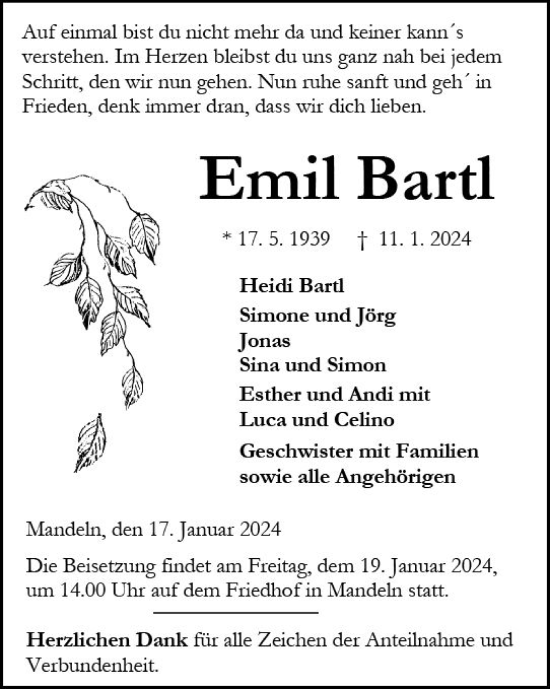 Traueranzeige von Emil Bartl von Dill Block
