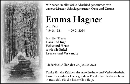 Traueranzeige von Emma Hagner von Wetzlarer Neue Zeitung