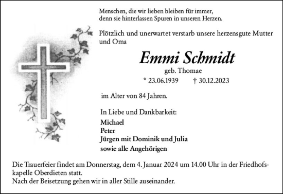 Traueranzeige von Emmi Schmidt von Hinterländer Anzeiger