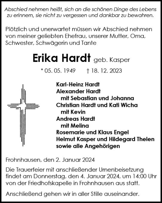 Traueranzeige von Erika Hardt von Dill Block