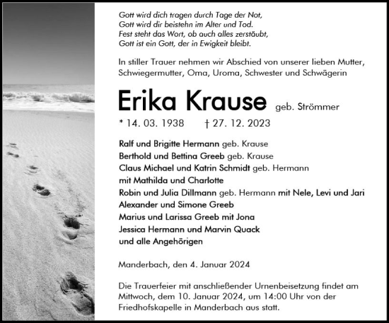 Traueranzeige von Erika Krause von Dill Block