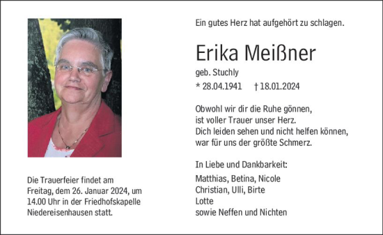 Traueranzeige von Erika Meißner von Hinterländer Anzeiger