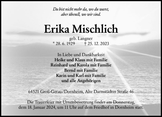 Traueranzeige von Erika Mischlich von Groß-Gerauer Echo