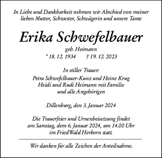 Traueranzeige von Erika Schwefelbauer von Dill Block