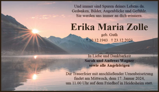Traueranzeige von Erika Maria Zolle von Allgemeine Zeitung Bingen/Ingelheim