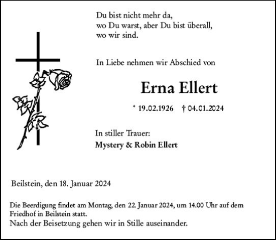 Traueranzeige von Erna Ellert von Dill Block