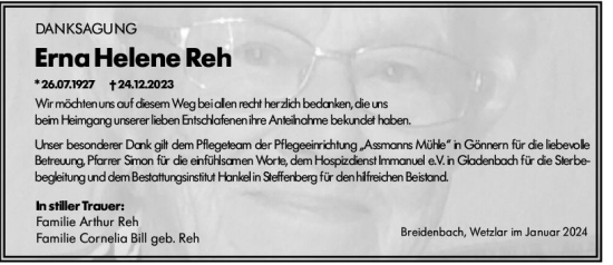 Traueranzeige von Erna Helene Reh von Hinterländer Anzeiger