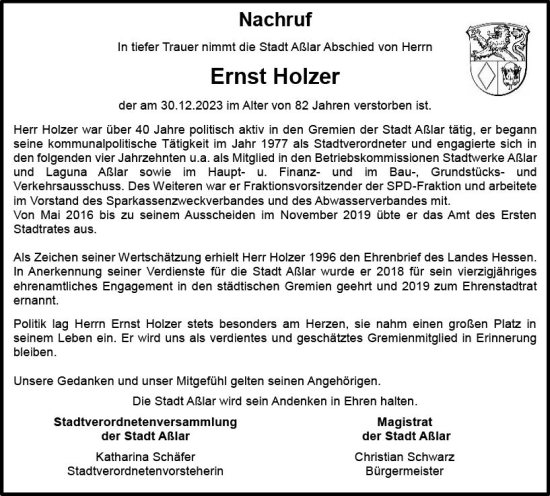 Traueranzeige von Ernst Holzer von Wetzlarer Neue Zeitung