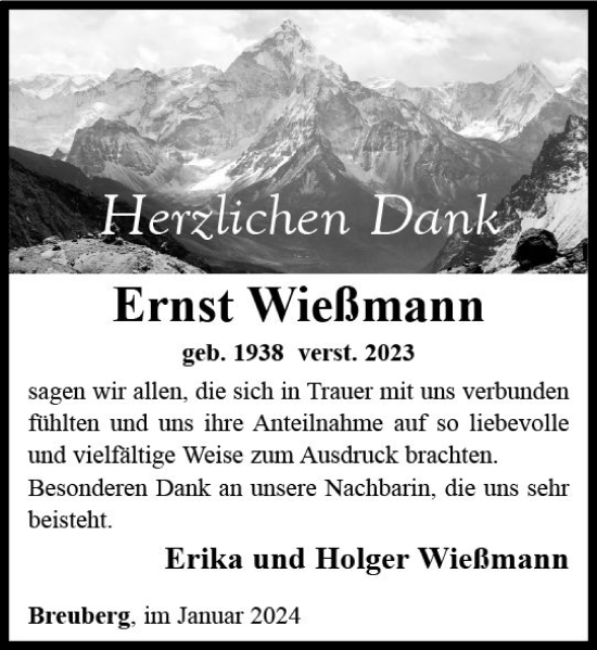 Traueranzeige von Ernst Wießmann von Odenwälder Echo
