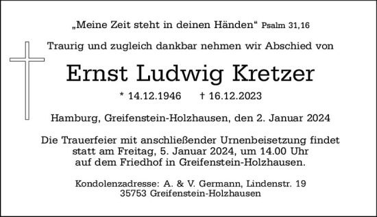 Traueranzeige von Ernst Ludwig Kretzer von Wetzlarer Neue Zeitung