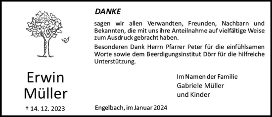 Traueranzeige von Erwin Müller von Hinterländer Anzeiger