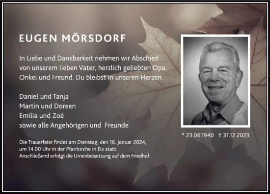 Traueranzeige von Eugen Mörsdorf von Nassauische Neue Presse