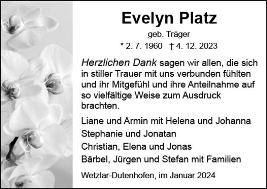 Traueranzeige von Evelyn Platz von Wetzlarer Neue Zeitung