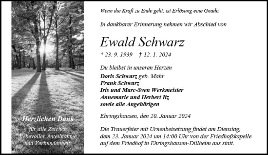 Traueranzeige von Ewald Schwarz von Wetzlarer Neue Zeitung