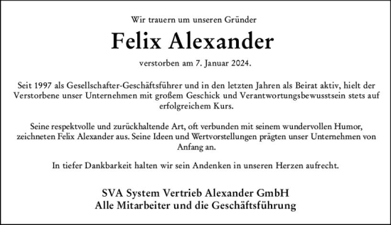 Traueranzeige von Felix Alexander von Wiesbadener Kurier