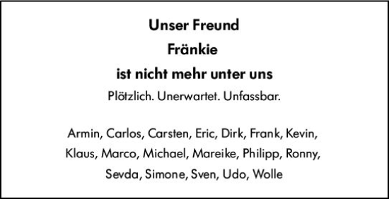 Traueranzeige von Fränkie  von Rüsselsheimer Echo