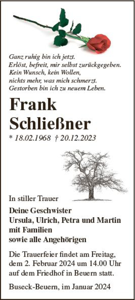 Traueranzeige von Frank Schließner von Wetzlarer Neue Zeitung