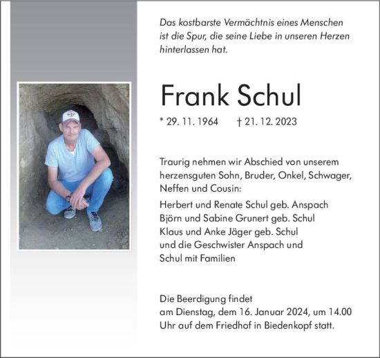 Traueranzeige von Frank Schul von Hinterländer Anzeiger