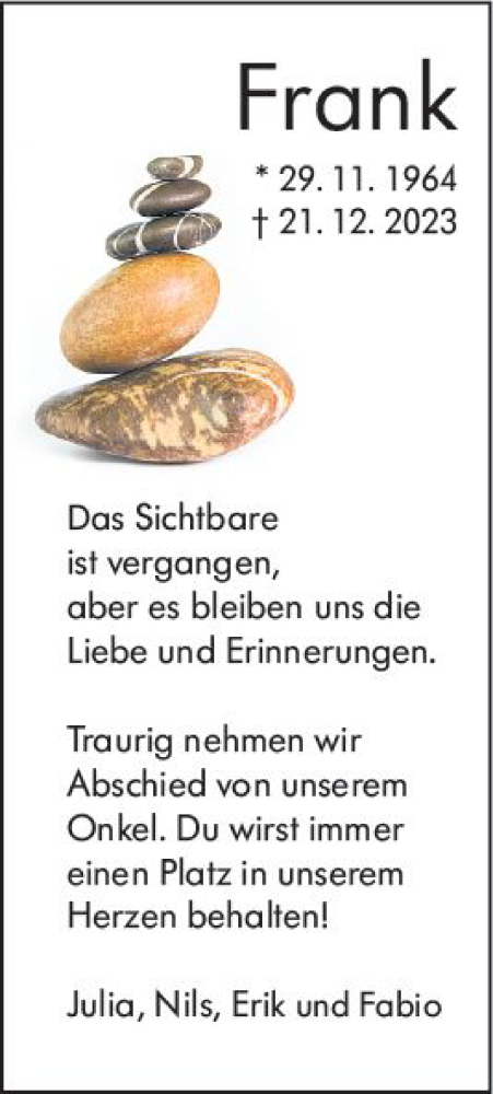 Traueranzeige von Frank Schul von Hinterländer Anzeiger