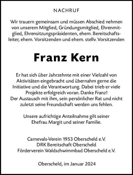Traueranzeige von Franz Kern von Dill Block