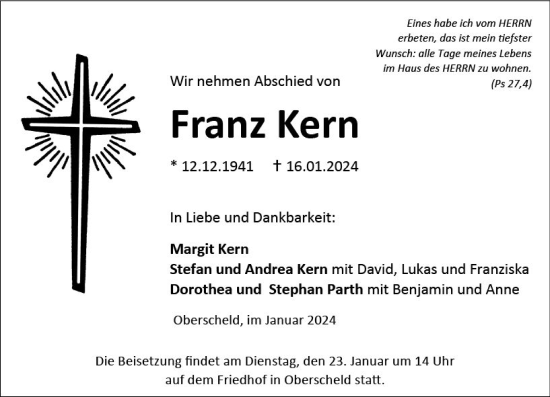 Traueranzeige von Franz Kern von Dill Block