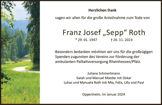 Traueranzeige von Franz Josef  Roth von Allgemeine Zeitung Mainz
