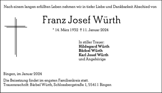Traueranzeige von Franz Josef Würth von Allgemeine Zeitung Bingen/Ingelheim