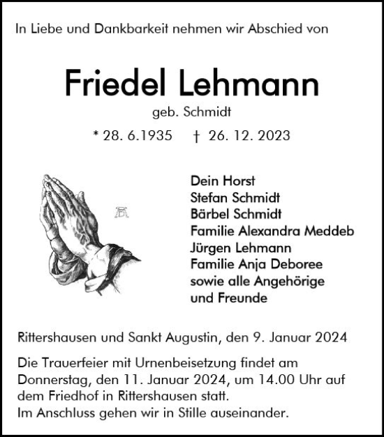 Traueranzeige von Friedel Lehmann von Dill Block