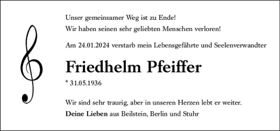 Traueranzeige von Friedhelm Pfeiffer von Dill Block