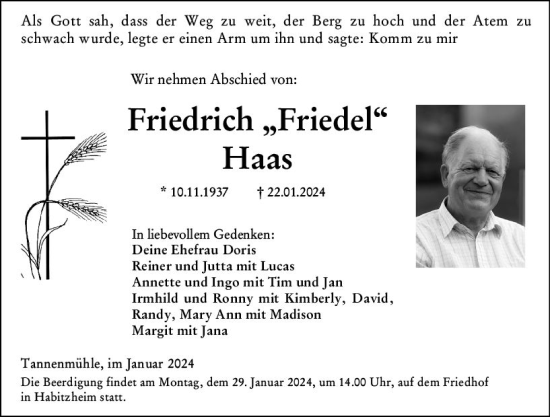 Traueranzeige von Friedrich Haas von Darmstädter Echo