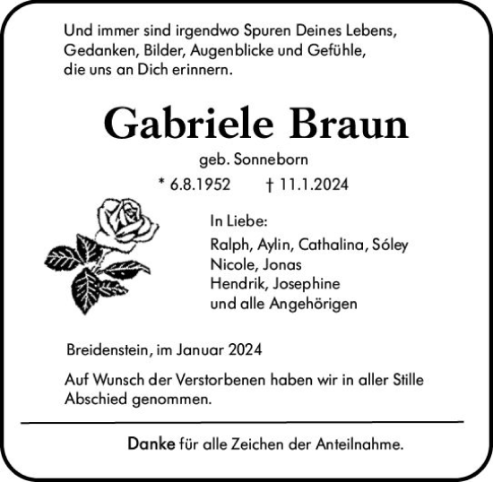 Traueranzeige von Gabriele Braun von Hinterländer Anzeiger