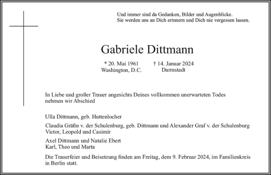 Traueranzeige von Gabriele Dittmann von Darmstädter Echo