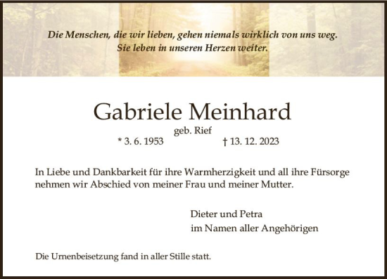 Traueranzeige von Gabriele Meinhard von Allgemeine Zeitung Mainz