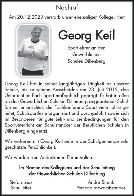 Traueranzeige von Georg Keil von Dill Block