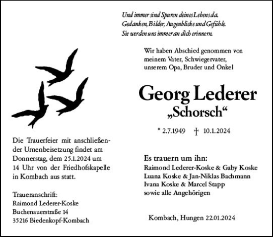 Traueranzeige von Georg Lederer von Hinterländer Anzeiger