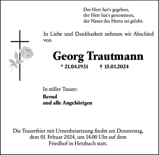 Traueranzeige von Georg Trautmann von Odenwälder Echo