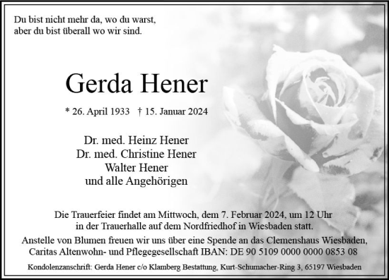 Traueranzeige von Gerda Hener von Wiesbadener Kurier