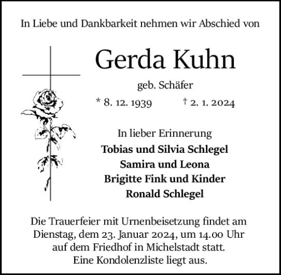 Traueranzeige von Gerda Kuhn von Odenwälder Echo