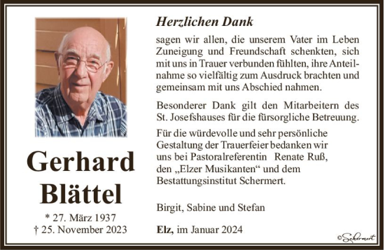 Traueranzeige von Gerhard Blättel von Nassauische Neue Presse