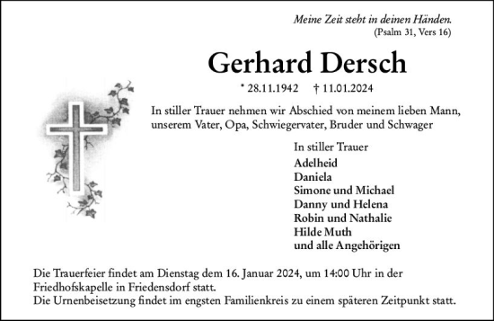Traueranzeige von Gerhard Dersch von Hinterländer Anzeiger