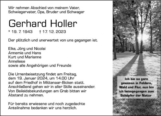 Traueranzeige von Gerhard Holler von Dill Block
