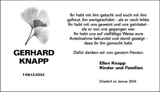 Traueranzeige von Gerhard Knapp von Dill Block