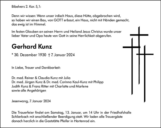 Traueranzeige von Gerhard Kunz von Hinterländer Anzeiger