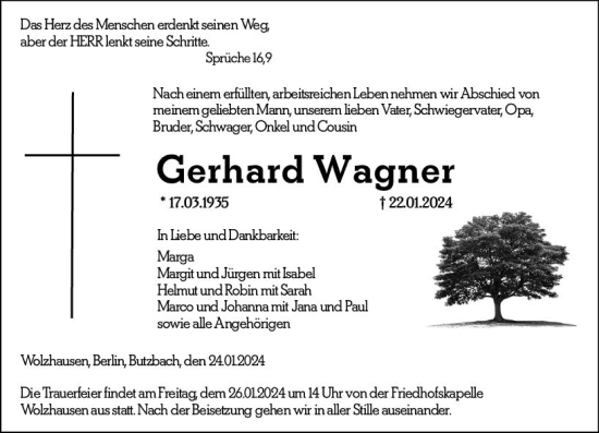 Traueranzeige von Gerhard Wagner von Hinterländer Anzeiger