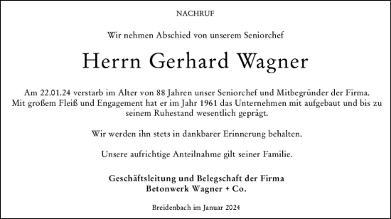 Traueranzeige von Gerhard Wagner von Hinterländer Anzeiger