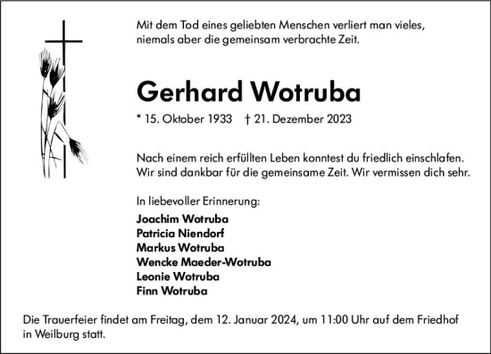 Traueranzeige von Gerhard Wotruba von Weilburger Tageblatt
