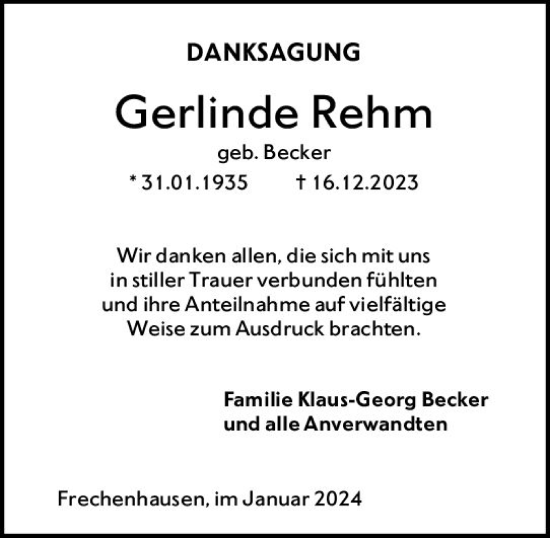 Traueranzeige von Gerlinde Rehm von Hinterländer Anzeiger