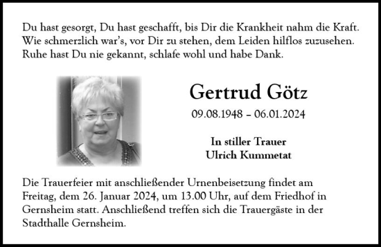 Traueranzeige von Gertrud Götz von Groß-Gerauer Echo